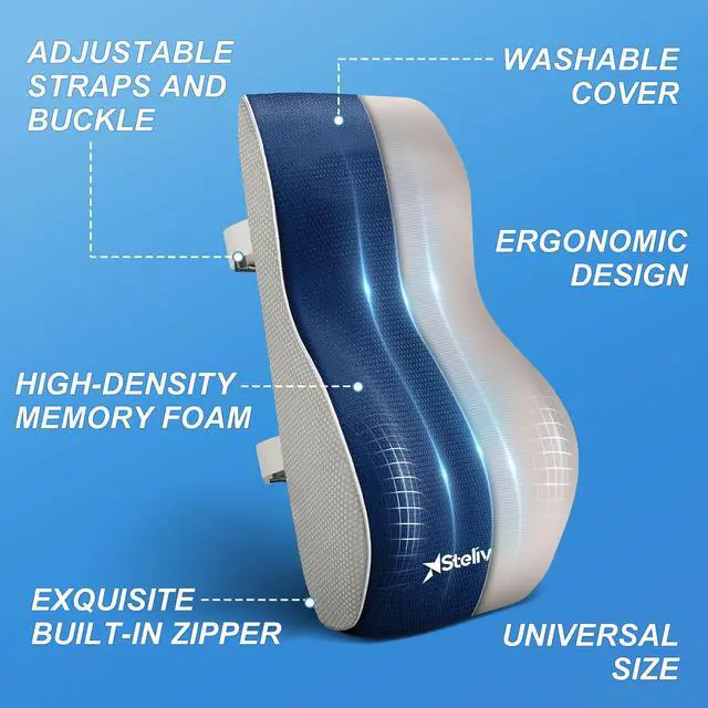 Alt view image 2 of 7 - Stelive Ergonomic Back Cushion Lumbar Support Cushion Memory Foam Back Support Backrest Pillow w/ Adjustable Straps
