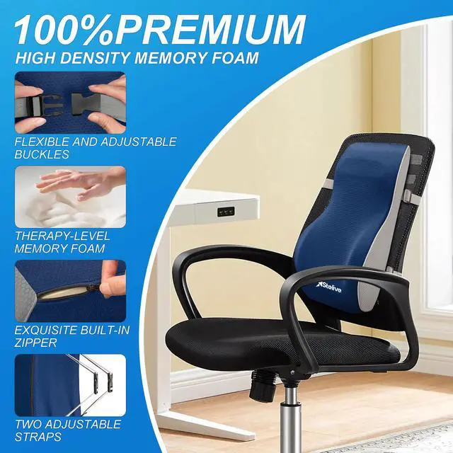 Alt view image 3 of 7 - Stelive Ergonomic Back Cushion Lumbar Support Cushion Memory Foam Back Support Backrest Pillow w/ Adjustable Straps