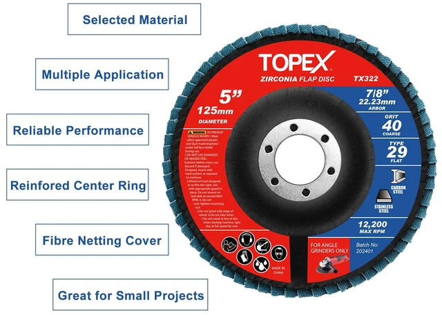 Alt view image 2 of 7 - TOPEX 125mm Zirconia Flap Disc, 80 Grit, 10Pack
