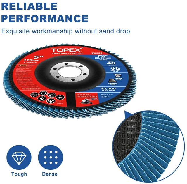 Alt view image 6 of 7 - TOPEX 125mm Zirconia Flap Disc, 80 Grit, 10Pack