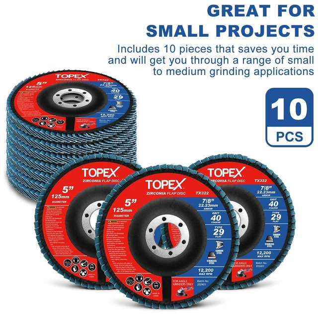 Alt view image 5 of 7 - TOPEX 125mm Zirconia Flap Disc, 80 Grit, 10Pack