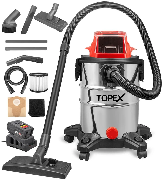 Main image of TOPEX 25L Cordless Wet & Dry Vacuum Cleaner Battery Powered Multi-Purpose Removable Universal Wheel with HEPA Filter Cartridge for Car, Garage, Workshop, Home with 20V 4.0Ah Battery and Fast Charger