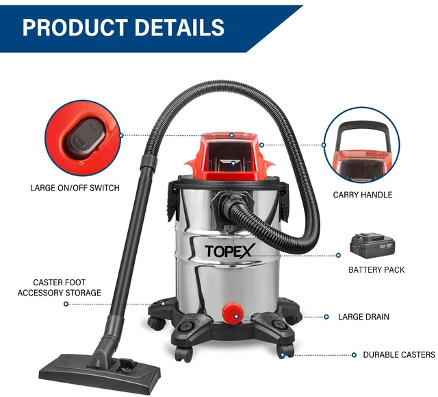 Alt view image 2 of 7 - TOPEX 25L Cordless Wet & Dry Vacuum Cleaner Battery Powered Multi-Purpose Removable Universal Wheel with HEPA Filter Cartridge for Car, Garage, Workshop, Home with 20V 4.0Ah Battery and Fast Charger