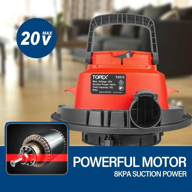Alt view image 3 of 7 - TOPEX 25L Cordless Wet & Dry Vacuum Cleaner Battery Powered Multi-Purpose Removable Universal Wheel with HEPA Filter Cartridge for Car, Garage, Workshop, Home with 20V 4.0Ah Battery and Fast Charger