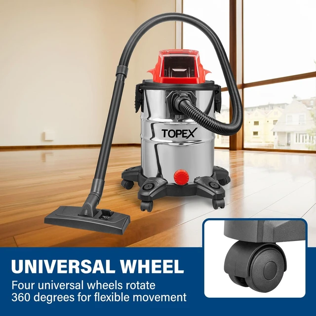 Alt view image 5 of 7 - TOPEX 25L Cordless Wet & Dry Vacuum Cleaner Battery Powered Multi-Purpose Removable Universal Wheel with HEPA Filter Cartridge for Car, Garage, Workshop, Home with 20V 4.0Ah Battery and Fast Charger
