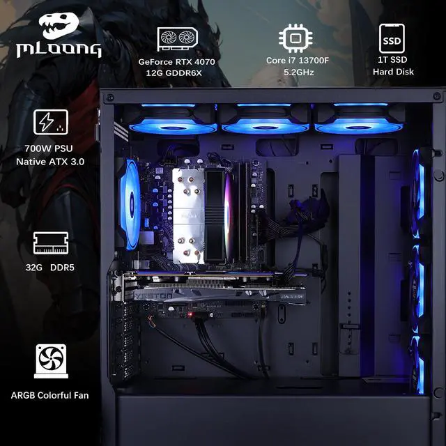 Alt view image 3 of 7 - Mloong Gaming PC Desktop Intel Core i7 13700F (up to 5.20 GHz)CPU , GeForce RTX 4070, 1TB NVME SSD, 32GB DDR5 RAM 6000MHz, 700W PSU,7ARGB Fans,Windows 11 Home 64-bit WIFI Gaming Desktop