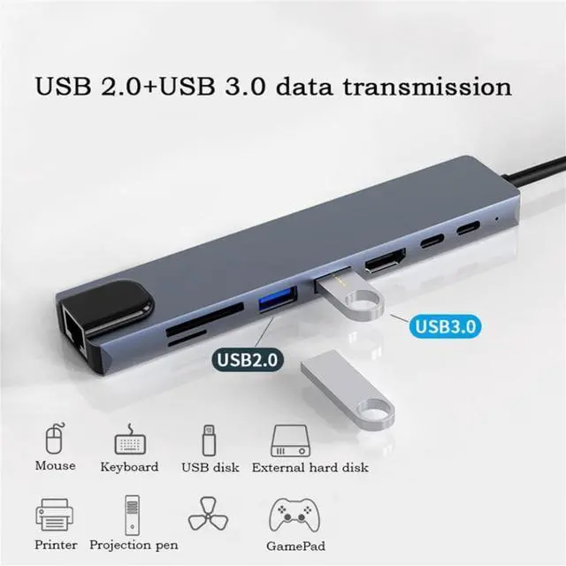 Alt view image 8 of 8 - USB C Hub Type C 3.1 to 4K HD Adapter with RJ45 SD TF Card Reader PD Fast Charge Compatible with Notebook Laptop Computer