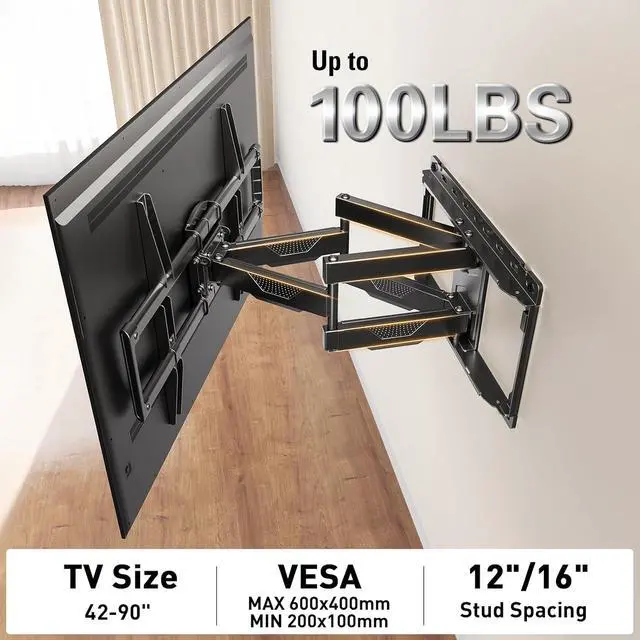 Alt view image 5 of 7 - UL Listed TV Wall Mount for Most 42-90 Inch TV Full Motion with Swivel and Tilt TV Bracket with Articulating Dual Arms Fits 16inch Studs Max VESA 600X400 mm 100 lbs MD2617