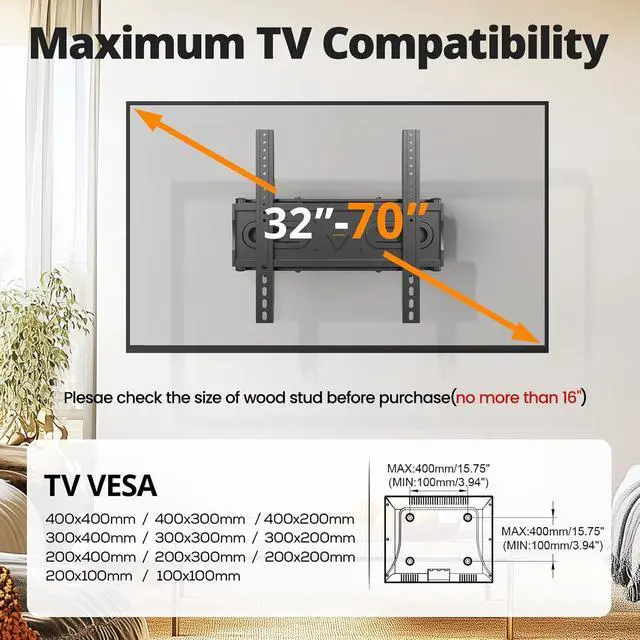 Alt view image 3 of 7 - 50 55 65 inch Full Motion TV Wall Mount for 32-70 inch TV Bracket Dual articulating Arms Mount Tilt Swivel Extension Level Max VESA 400x400mm 16 Studs 110 lbs Fit Most 40 43 50+ TVs