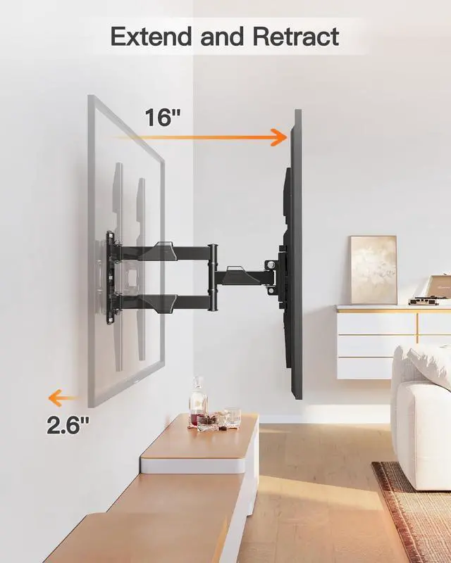Alt view image 2 of 7 - Full Motion TV Wall Mount for 26-60 TVs Max VESA 400x400 77 lbs. | 7° up & 10° down tilt ±90° swivel single stud structure flexible for corner TV installation