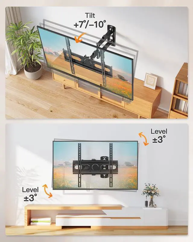 Alt view image 3 of 7 - Full Motion TV Wall Mount for 26-60 TVs Max VESA 400x400 77 lbs. | 7° up & 10° down tilt ±90° swivel single stud structure flexible for corner TV installation