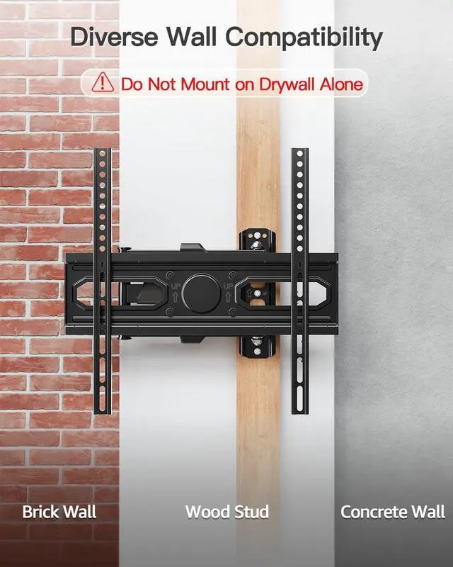Alt view image 6 of 7 - Full Motion TV Wall Mount for 26-60 TVs Max VESA 400x400 77 lbs. | 7° up & 10° down tilt ±90° swivel single stud structure flexible for corner TV installation