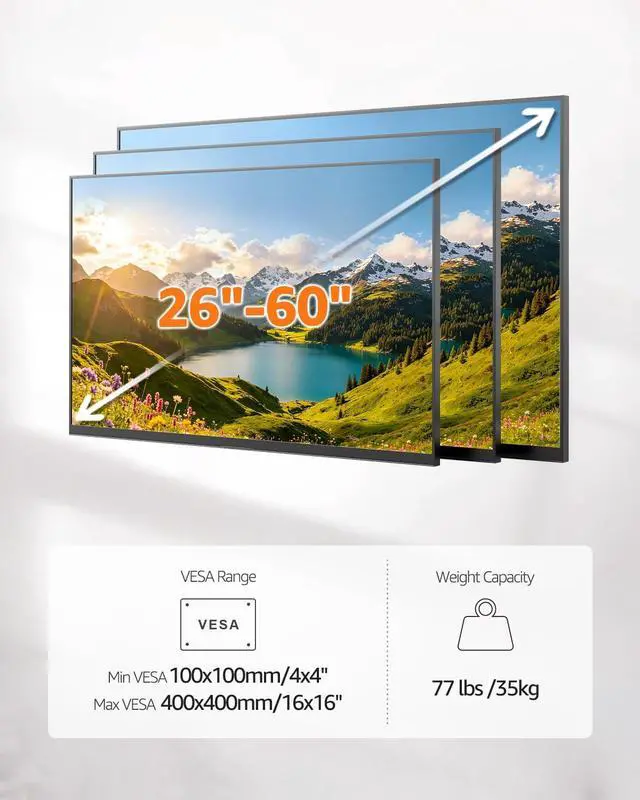 Alt view image 7 of 7 - Full Motion TV Wall Mount for 26-60 TVs Max VESA 400x400 77 lbs. | 7° up & 10° down tilt ±90° swivel single stud structure flexible for corner TV installation