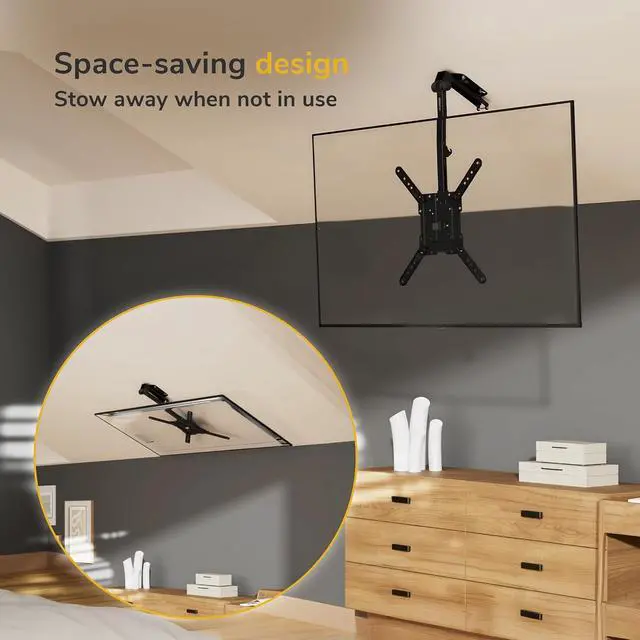 Alt view image 2 of 7 - Fold-Up Ceiling TV Mount for 2355 Inch TVs with Longer Arm Space-Saving Flip Down Bracket for Flat & Slanted Ceilings Retractable Tilt & Swivel Mount VESA up to 400x400 44 lbs Capacity