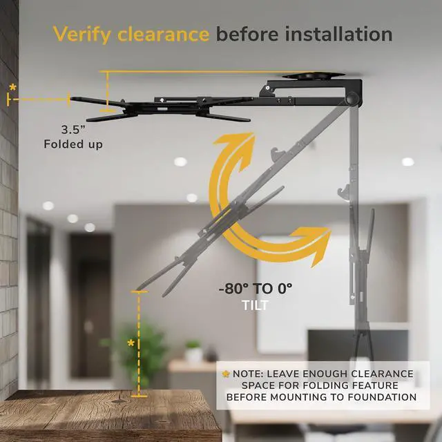 Alt view image 5 of 7 - Fold-Up Ceiling TV Mount for 2355 Inch TVs with Longer Arm Space-Saving Flip Down Bracket for Flat & Slanted Ceilings Retractable Tilt & Swivel Mount VESA up to 400x400 44 lbs Capacity