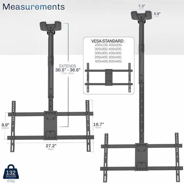 Alt view image 4 of 7 - Black TV Ceiling Mount for 43 to 86 inch Screens MOUNT-VC86-3 | Full Swivel Telescoping Height Adjustment 3ft Extension Pole Fits Pitched/Vaulted Roof Max VESA 600x400mm Holds 132 lbs