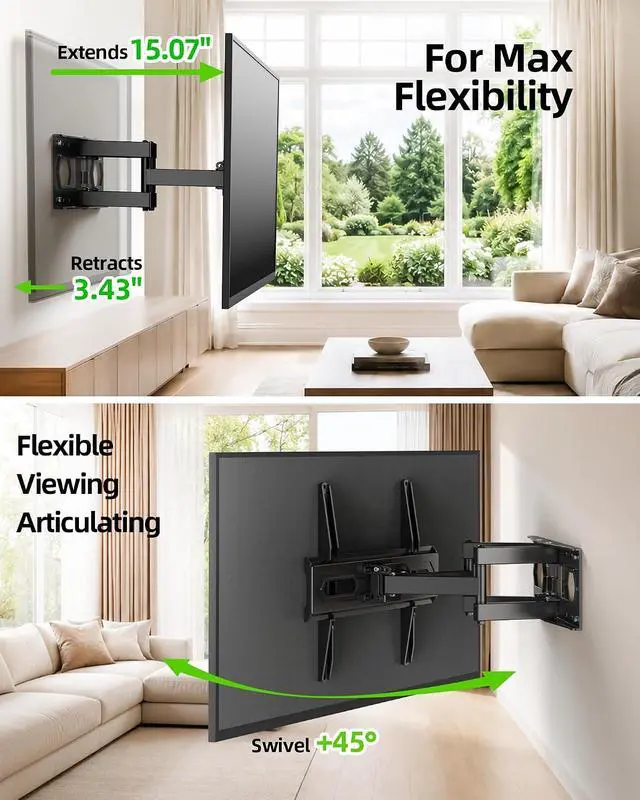 Alt view image 4 of 7 - TV Wall Mount for 32-74 inch Flat Screen/LED/4K up to 110lbs Full Motion TV Mount Bracket with Swivel & Tilt Articulating Dual Arms Max VESA 400x400mm Fits 12/16 Wood Studs