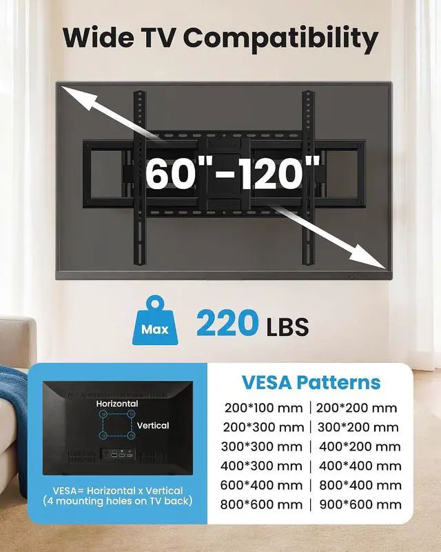 Alt view image 4 of 7 - 85 98 100 120 inch UL Listed Heavy Duty Full Motion TV Wall Mount for 60-120 inch Large TVs Holds 220lbs Max VESA 900x600mm 28 Articulating Arms Extension Swivel & Tilt Fit 24 Studs