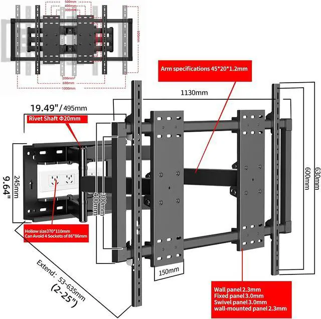 Alt view image 4 of 7 - 120 115 110 105 100 98 90 86 85 inch TV Wall Mount Large Screen Ultrathin Full Motion TV Bracket for 50-120 up to 242 lbs Tilt Swivel Extension Leveling Max VESA 1000x600mm Black Y10