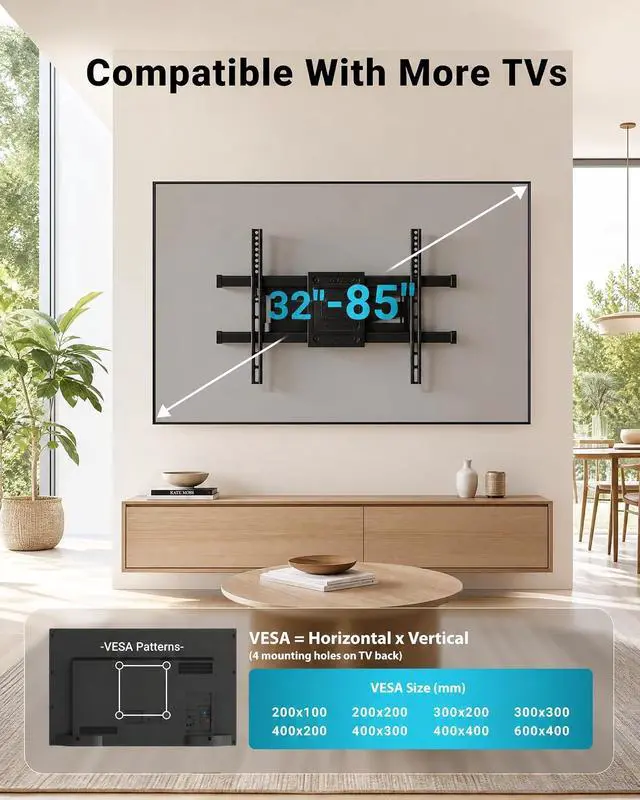 Alt view image 2 of 7 - Full Motion TV Wall Mount for 37-85 Inch TVs Heavy Duty Swivel Tilt | Hold up to 132lbs Articulating Dual Arm Wall Mount TV Bracket Max VESA 600x400mm Fits 16 Wood Studs