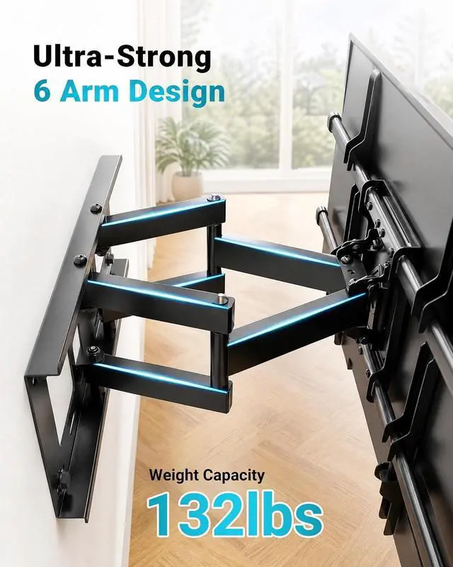 Alt view image 3 of 7 - Full Motion TV Wall Mount for 37-85 Inch TVs Heavy Duty Swivel Tilt | Hold up to 132lbs Articulating Dual Arm Wall Mount TV Bracket Max VESA 600x400mm Fits 16 Wood Studs