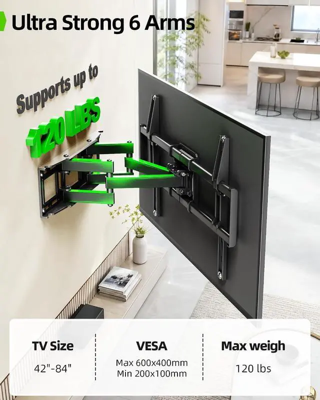 Alt view image 2 of 7 - Full Motion TV Wall Mount for 42-82 Inch TVs up to 120lbs Wall Mount TV Bracket with Articulating Swivel Tilt Extension Leveling Max VESA 600x400mm Fits 12/16 Wood Stud