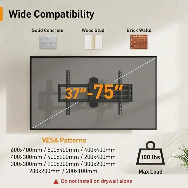 Alt view image 2 of 7 - Corner TV Wall Mount Long Arm TV Mount Bracket for 37-75 Inch TVs | Full Motion Wall Mount with 32.37 Extension & Swivel Articulating Arm & Tilt MAX VESA 600x400mm Holds up to 100 lbs