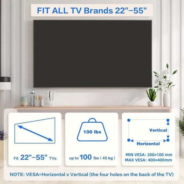 Alt view image 2 of 7 - No Drill Drywall TV Mount No Stud TV Wall Mount for Most Brand 22-55 Inch TVs up to 100 lbs Easy Install No Stud Studless TVs Wall Mount Include All Hardware- Level Bubble Meter