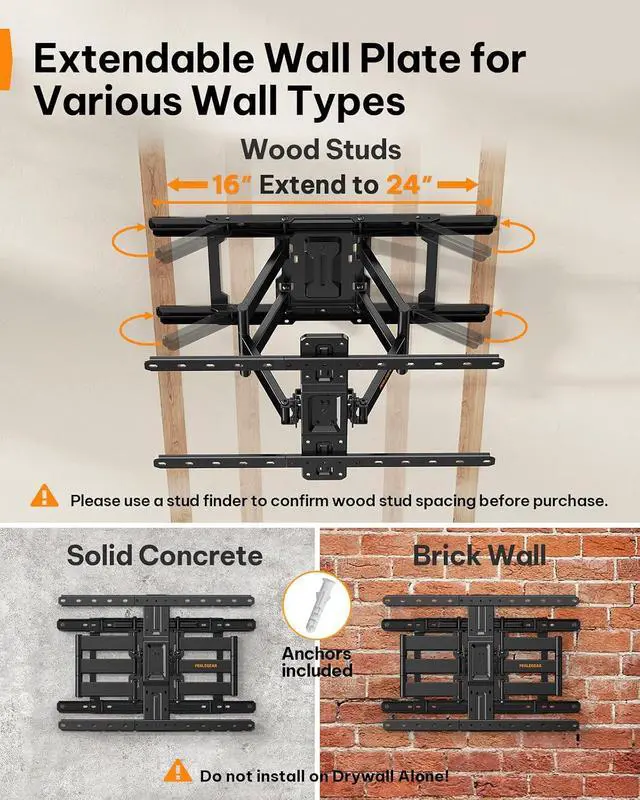 Alt view image 3 of 7 - Ultra Slim TV Wall Mount 1.1 Low Profile for 42-90 TVs Fits 16/24 Studs Full Motion TV Mount Wall Bracket with Dual Articulating Arms Swivel Tilt Max VESA 600x400mm Holds 132lbs