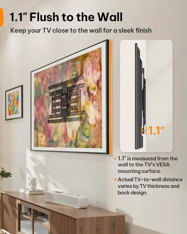 Alt view image 4 of 7 - Ultra Slim TV Wall Mount 1.1 Low Profile for 42-90 TVs Fits 16/24 Studs Full Motion TV Mount Wall Bracket with Dual Articulating Arms Swivel Tilt Max VESA 600x400mm Holds 132lbs