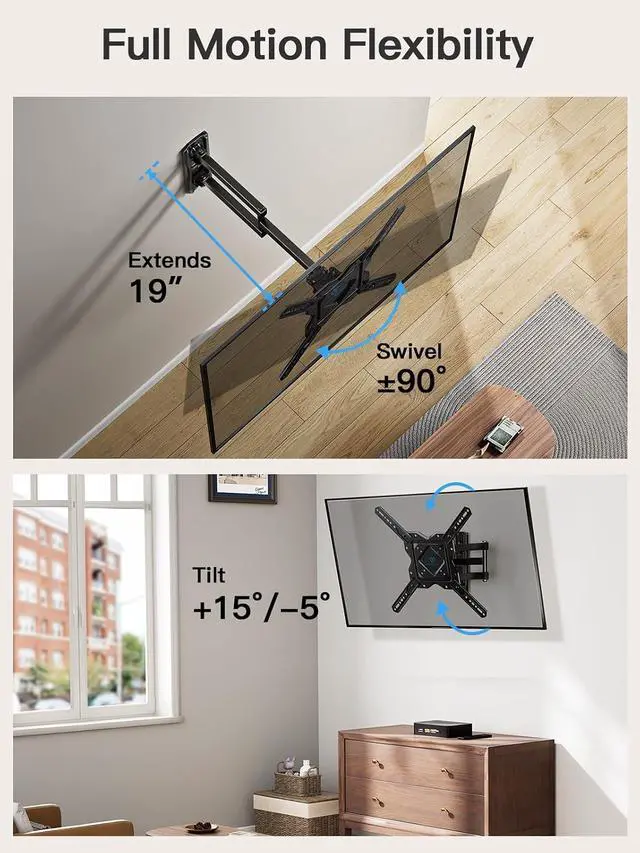 Alt view image 5 of 7 - Full Motion TV Wall Mount for 27-60 Inch Flat & Curved TVs Single Stud TV Mount with Articulating Swivel Tilt - Wall Mount TV Bracket VESA 400x400mm up to 77 lbs Perfect Center Design