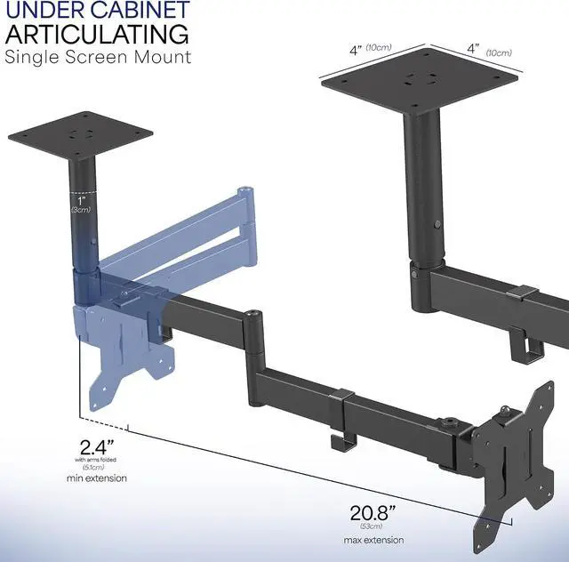 Alt view image 5 of 7 - Under Cabinet Articulating 13 to 27 inch Single Monitor and Small TV Mount Height Adjustable Long Extension Arm Max VESA 100x100 Black MOUNT-VC01A