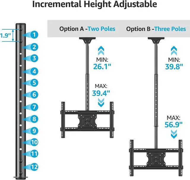Alt view image 2 of 7 - Ceiling TV Mount for 40-75 Inch Flat Curved TVs 360° Rotation Heavy Duty Articulating Pole with 99 lbs Capacity Max VESA 600x400mm Adjustable Height Ceiling Mount for Restaurant/Office