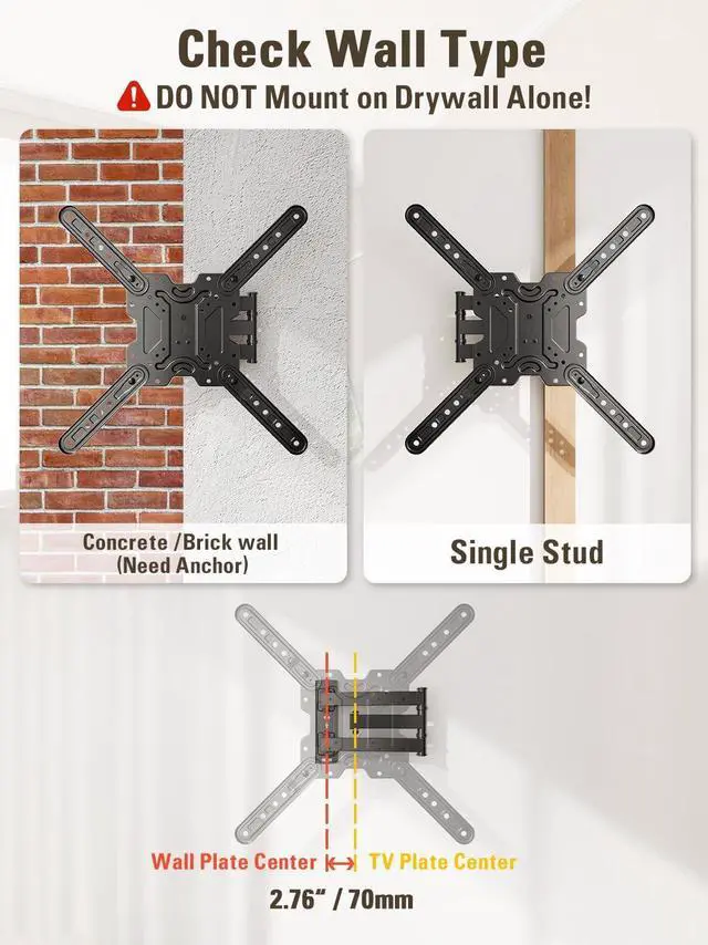 Alt view image 3 of 7 - UL Listed TV Wall Mount for Most 26-60 Inch TVs Full Motion Corner TV Mount Design Articulating Wall Mount TV Bracket Swivel and Tilt Single Stud Max VESA 400x400mm Up to 77LBS