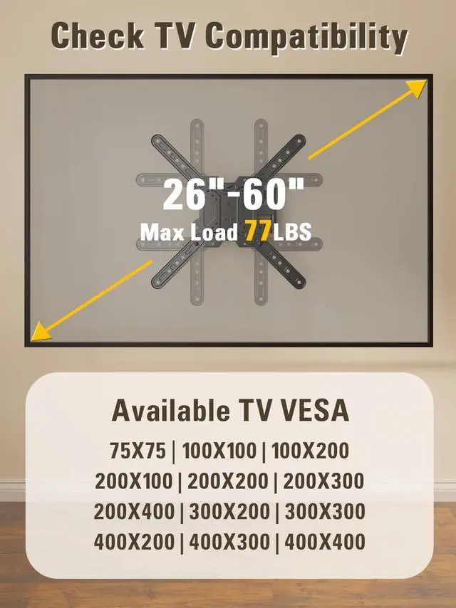 Alt view image 2 of 7 - UL Listed TV Wall Mount for Most 26-60 Inch TVs Full Motion Corner TV Mount Design Articulating Wall Mount TV Bracket Swivel and Tilt Single Stud Max VESA 400x400mm Up to 77LBS