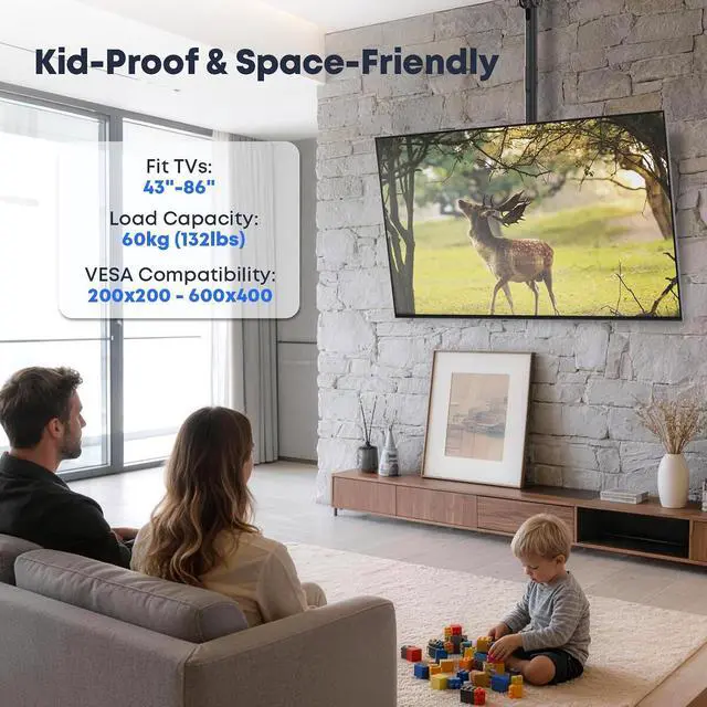 Alt view image 2 of 7 - TV Ceiling Mount for Most 43-86 inch TV Hold up to 132 lbs | Fits Pitched/Vaulted Roof Max VESA 600x400mm Adjustable Height Ceiling Mount TV Bracket with Swivel Tilt