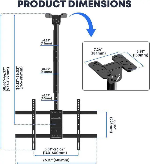 Alt view image 7 of 7 - TV Ceiling Mount for Most 43-86 inch TV Hold up to 132 lbs | Fits Pitched/Vaulted Roof Max VESA 600x400mm Adjustable Height Ceiling Mount TV Bracket with Swivel Tilt