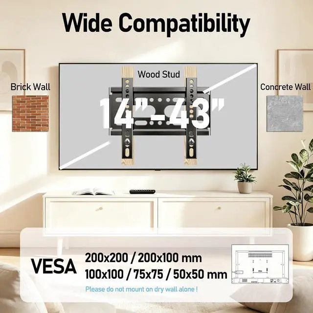 Alt view image 5 of 7 - TV Wall Mount Bracket Fixed Low Profile for 14-43 Inch TVs & Monitor | 24 32 40 42 inch Small TV Monitor Wall Mount Easy Slim Flat Wall Bracket VESA Up to 200x200mm LED LCD Screen 55lbs Max Load
