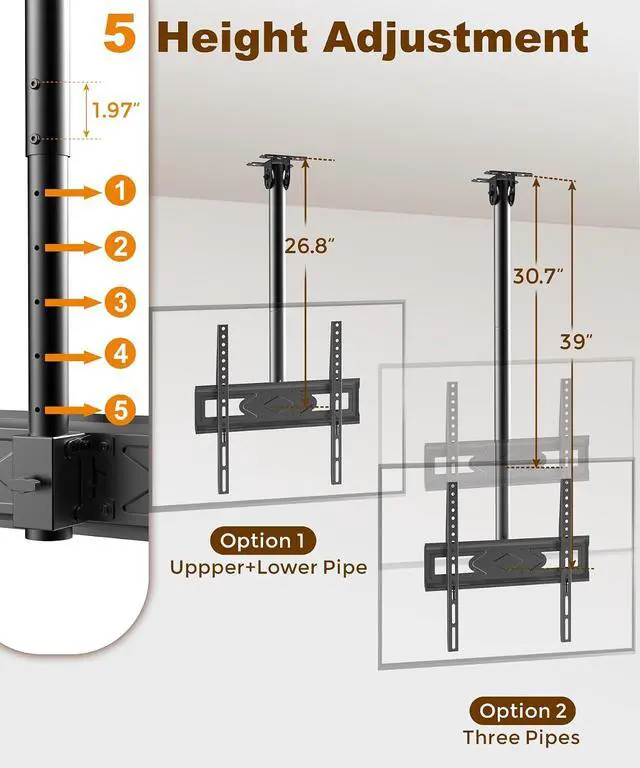 Alt view image 3 of 7 - 39 Ceiling TV Mount for 26-65 Inch TVs Heavy Duty Hanging Mount | Ceiling TV Mount Bracket with Height Adjustable Extension Pole for Home Patio Gazebo Max VESA 400x400mm Holds 110lbs