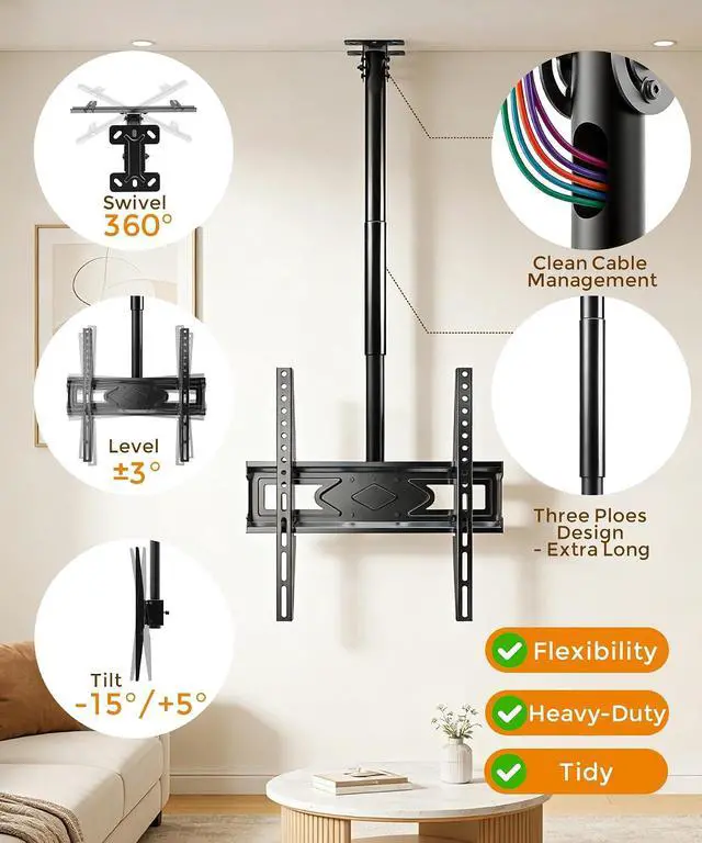 Alt view image 5 of 7 - 39 Ceiling TV Mount for 26-65 Inch TVs Heavy Duty Hanging Mount | Ceiling TV Mount Bracket with Height Adjustable Extension Pole for Home Patio Gazebo Max VESA 400x400mm Holds 110lbs