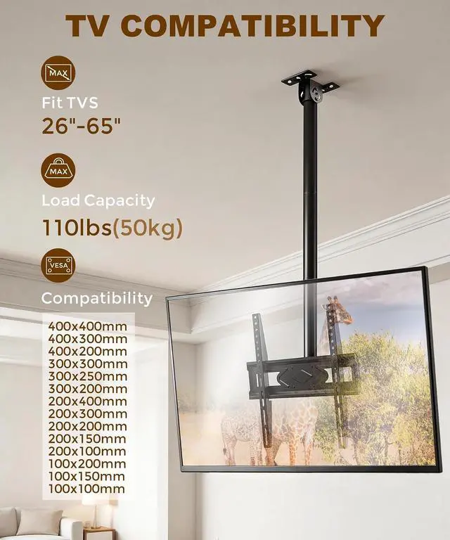 Alt view image 2 of 7 - 39 Ceiling TV Mount for 26-65 Inch TVs Heavy Duty Hanging Mount | Ceiling TV Mount Bracket with Height Adjustable Extension Pole for Home Patio Gazebo Max VESA 400x400mm Holds 110lbs