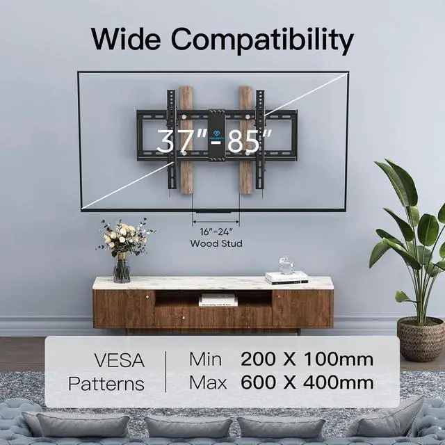 Alt view image 2 of 7 - UL Listed TV Mount for Most 37-85 inch TV Universal Tilt TV Wall Mount Fits 16- 24 Wood Stud with Loading 132 lbs & Max VESA 600x400mm Low Profile Flat Wall Mount Bracket PSLTK1