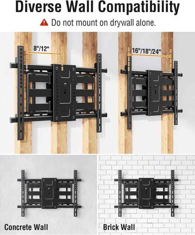Alt view image 7 of 7 - Heavy Duty TV Mount for 50-110 TVs Max VESA 800x600 250 Lbs Load | Full motion swivel & tilt design slim wall bracket fits 12/16/18/24 inch wall studs sturdy for large heavy TVs
