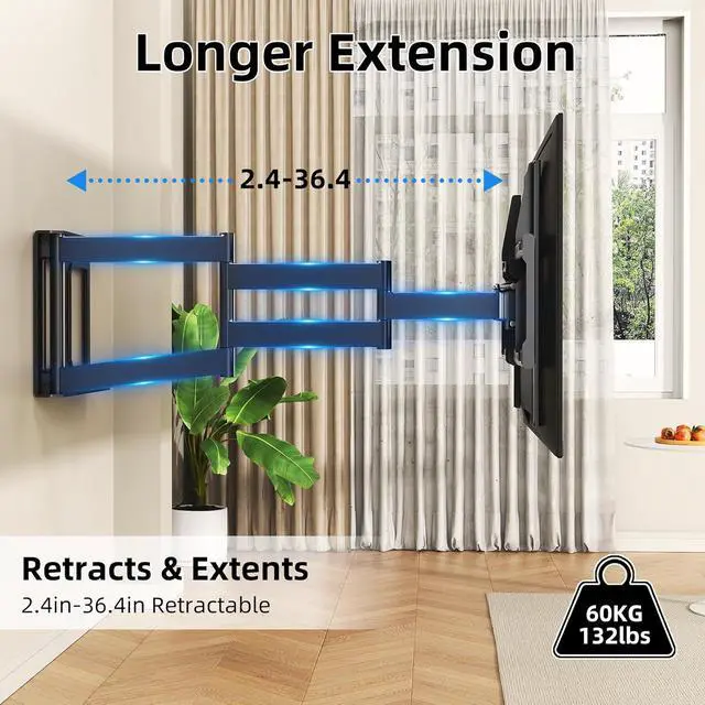 Alt view image 4 of 7 - Long Arm TV Wall Mount for 37-75 Inch TVs | 180°Swivel and Tilt +5/-20° Level Adjustment Rotates 90° Long Extension 36.4 Max Hold up 132LBS Max VESA 600x400mm