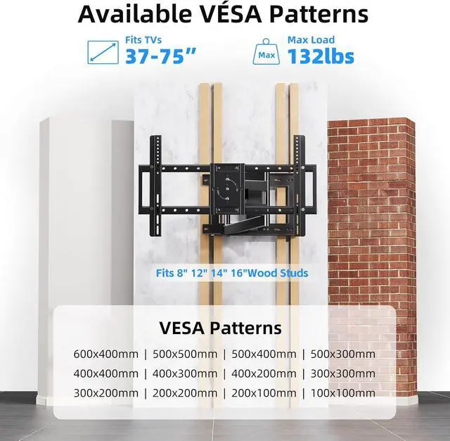 Alt view image 6 of 7 - Long Arm TV Wall Mount for 37-75 Inch TVs | 180°Swivel and Tilt +5/-20° Level Adjustment Rotates 90° Long Extension 36.4 Max Hold up 132LBS Max VESA 600x400mm