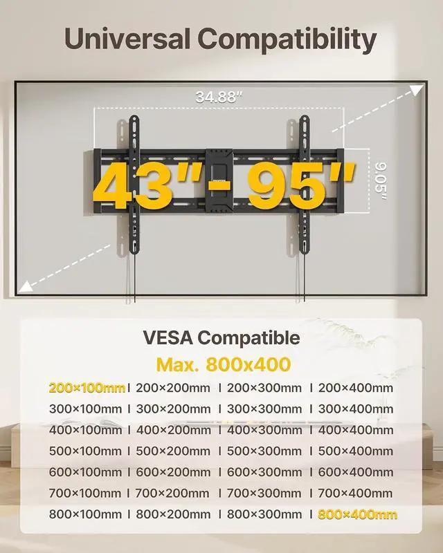 Alt view image 2 of 7 - Heavy Duty Fixed TV Wall Mount for 4395 Inch TVs 200lbs Capacity | 1.1 Ultra Slim Low Profile Bracket Max VESA 800x400mm Fits 16/18/24/32 Studs 4X Load Tested Secure Space-Saving
