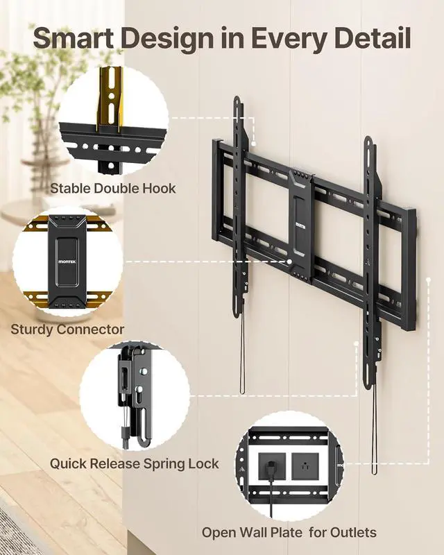 Alt view image 7 of 7 - Heavy Duty Fixed TV Wall Mount for 4395 Inch TVs 200lbs Capacity | 1.1 Ultra Slim Low Profile Bracket Max VESA 800x400mm Fits 16/18/24/32 Studs 4X Load Tested Secure Space-Saving