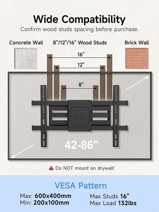 Alt view image 2 of 7 - Suptek Full Motion TV Wall Mount for 42 to 86 Inch TV Swivel and Tilt with Articulating Dual Arms Max VESA 600X400mm Holds up to 132lbs Fits Max 16 Wood Studs MA01A