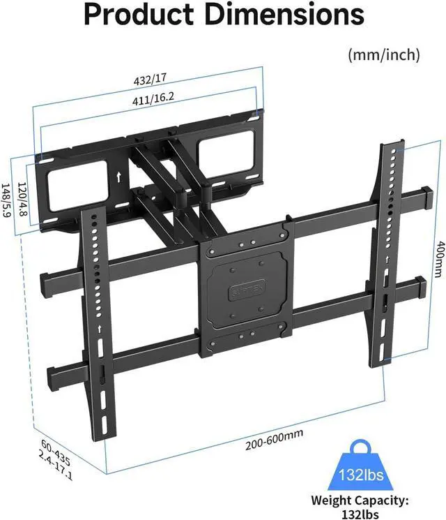 Alt view image 7 of 7 - Suptek Full Motion TV Wall Mount for 42 to 86 Inch TV Swivel and Tilt with Articulating Dual Arms Max VESA 600X400mm Holds up to 132lbs Fits Max 16 Wood Studs MA01A