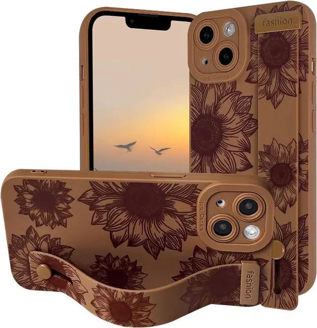 Main image of Compatible with iPhone 14 Case with Strap Flower - Brown | Cute Sunflower Floral with wrist adjustable kickstand For girl woman Slim fit Soft TPU Shockproof